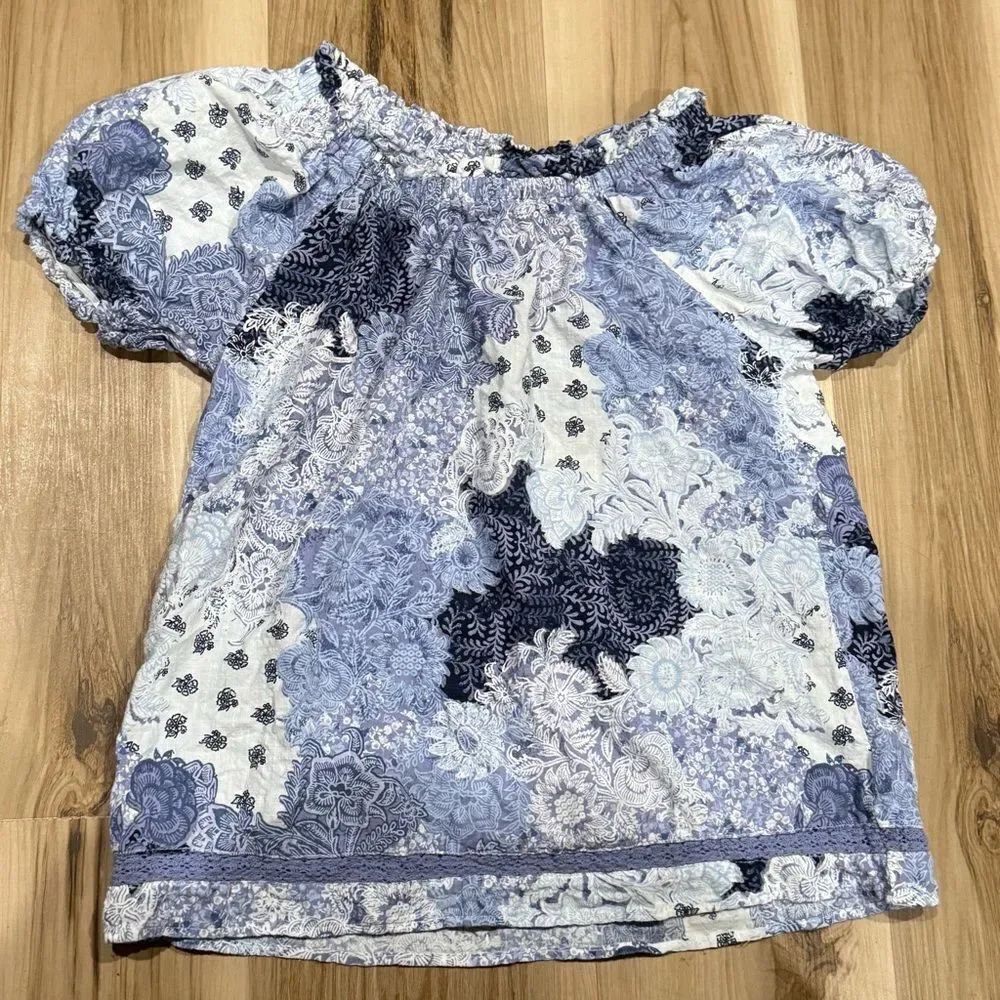 Frye and Co Blue and White Short Sleeve Blouse Women’s Small